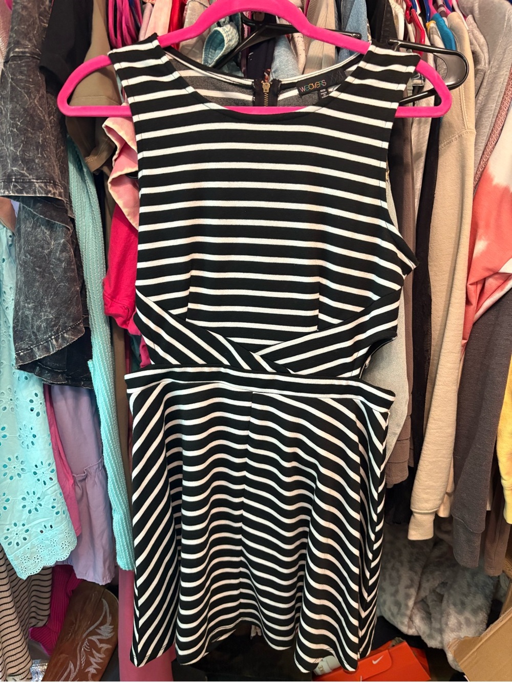 Weavers Black and White Striped Sleeveless Fit-and-Flare Dress